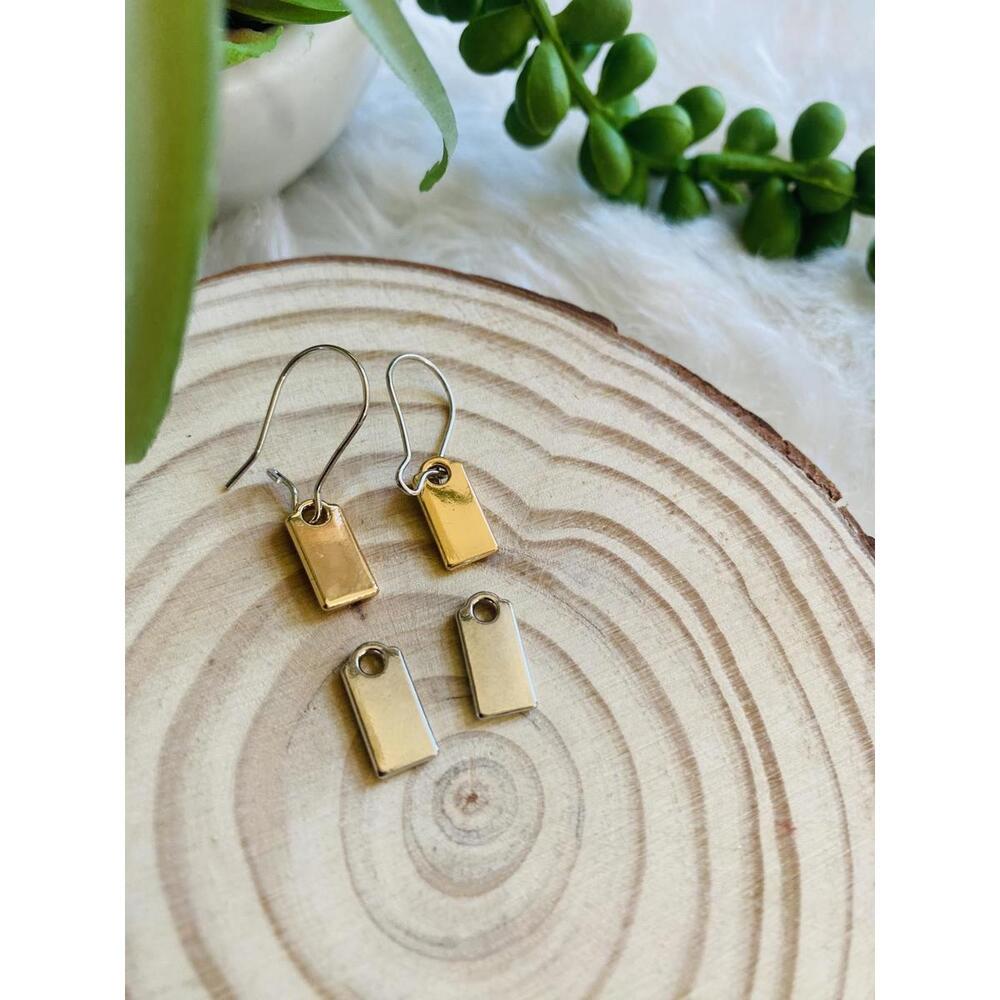 Small Gold And Silver Tone Rectangular Tag Earrin… - image 3